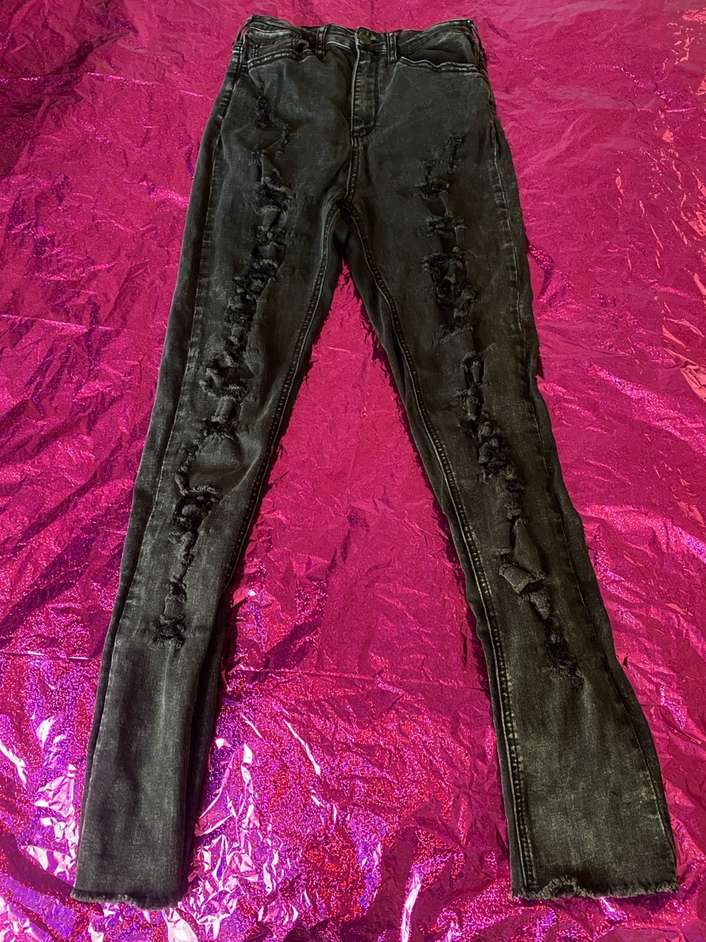 Women’s Dark Grey Super Ripped High Rise Emo Alt Grunge Skinny Jeans